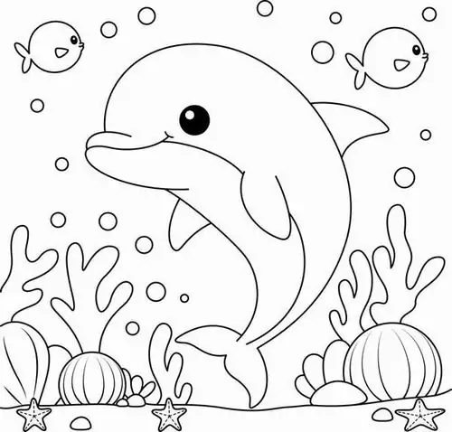 In trang tập tô màu chú cá nhảy qua rạn đá ngầm lởm chởm bên cạnh những vỏ sò xinh xắn nằm im lìm dưới làn nước mặn.