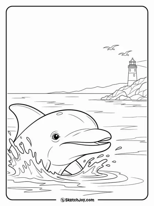 Tranh tô màu chú cá đang bơi gần ngọn hải đăng xa xôi phía chân trời nơi có những con sóng nước vỗ về bờ cát vàng.