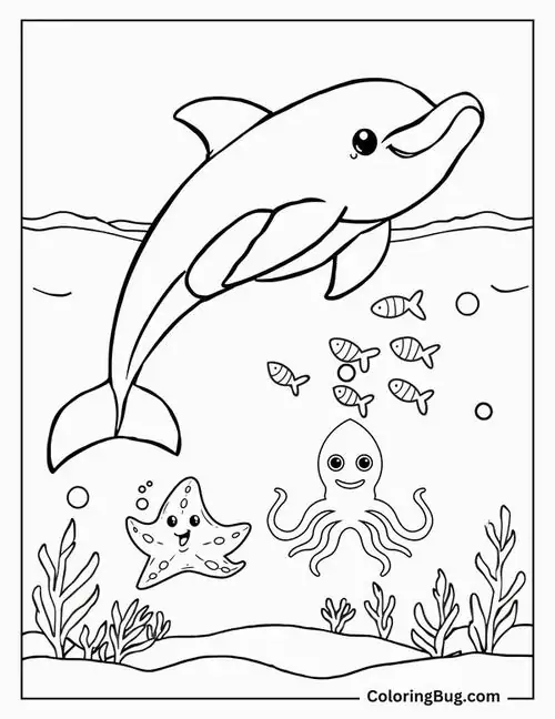 Trang tập tô màu chú cá đang vui vẻ bơi cùng rùa biển và đàn cá nhỏ tạo nên một bức tranh về đa dạng sinh học tuyệt vời cho bé 5 tuổi.