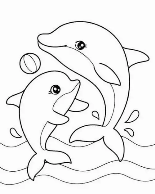 Hai bạn nhỏ đang cùng nhau thực hiện cú nhảy vọt cao khỏi mặt nước tạo nên những đường cong vây lưng cực kỳ điêu luyện và đẹp mắt.