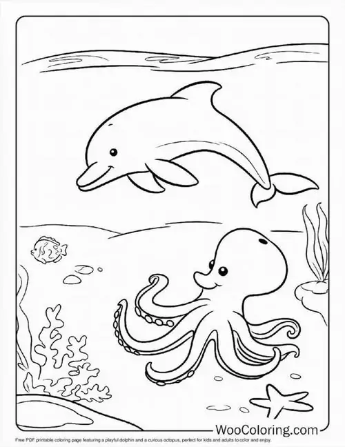 Bạn cá heo đang tò mò trò chuyện cùng chú bạch tuộc nhiều vòi bên cạnh những khóm cây thủy sinh thuộc môi trường biển hoang sơ.