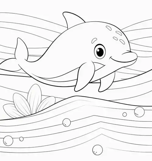 Trang tập tô màu chú cá nược đang uốn mình mềm mại nhảy qua những con sóng nhỏ lăn tăn giữa bầu trời rộng lớn cho bé 3 tuổi.
