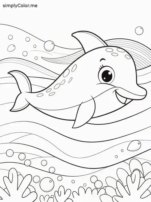 Trang tập tô màu người bạn biển cả đang cười tươi đón chào ngày mới với chiếc đuôi vẫy mạnh tạo nên những đợt sóng nước lăn tăn cho trẻ 4 tuổi.