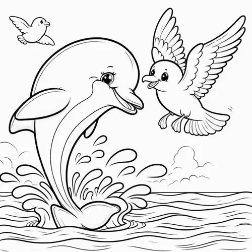 Tải hình tô màu chú cá đang trò chuyện cùng một chú chim hải âu nhỏ bé trên mặt sóng thể hiện sự kết nối giữa các loài động vật.