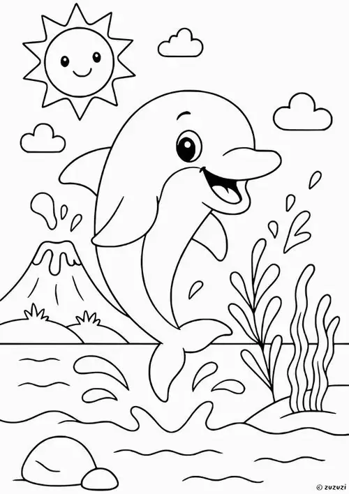 In trang tập tô màu chú cá heo nhảy múa trước một hòn đảo có núi lửa đang phun trào mãnh liệt thể hiện sức sống của sinh vật biển.