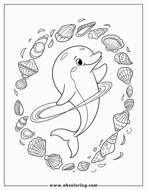 Hình ảnh chú cá heo nằm gọn trong một vòng tròn trang trí bằng vỏ ốc và sóng biển làm nổi bật vẻ đẹp da trơn láng mịn cho bé 3 tuổi.