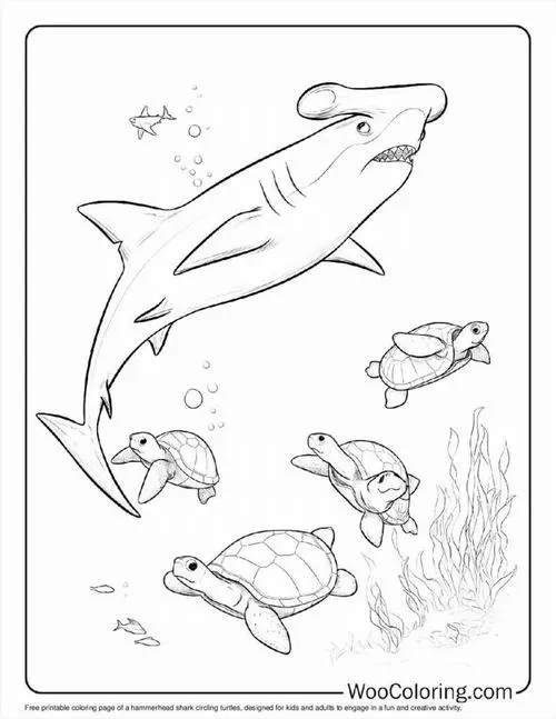 Loài cá mập đầu búa đang dạo chơi cùng bạn rùa biển nhỏ nhắn bên cạnh những rạn san hô rực rỡ sắc màu và bong bóng nước