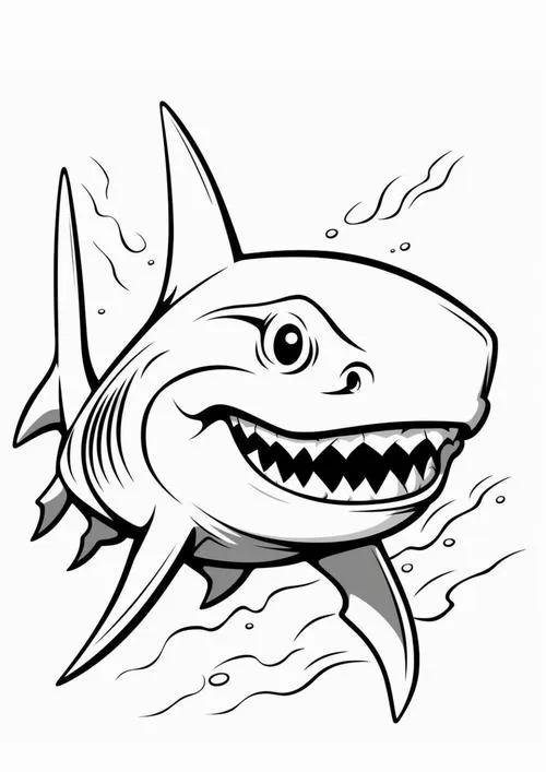 In trang tập tô màu gương mặt chú cá mập hiện lên đầy hài hước với cái miệng rộng mở và hàng răng sắc nhọn được vẽ tối giản
