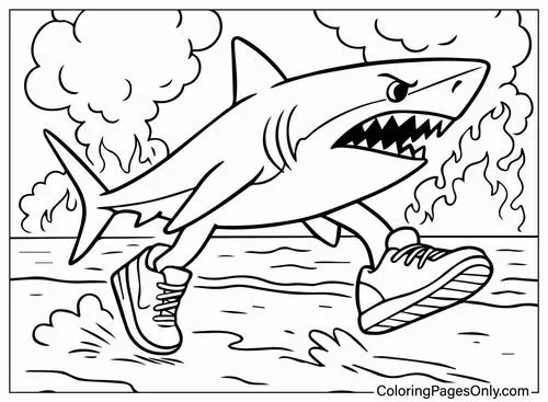 Hình ảnh chú cá mập tinh nghịch đang mang giày thể thao chạy bộ trên mặt biển với vẻ mặt hào hứng vô cùng lạ mắt cho bé 5 tuổi