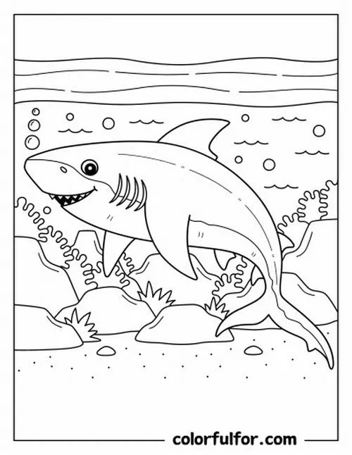 Mẫu tranh vẽ cá nhám đang bơi lội giữa vùng nước sâu có nhiều vỏ ốc và rạn san hô trang trí xung quanh thật đẹp mắt