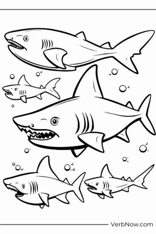 Phác họa cả một đàn cá mập đang bơi lội cùng nhau theo dòng nước tạo nên chuỗi thức ăn tự nhiên của biển xanh sâu thẳm