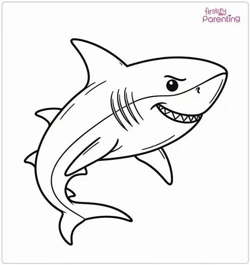 Tranh tô màu chú cá mập đang bơi ngang với ánh mắt lém lỉnh và chiếc vây lưng nhọn hoắt nhô cao trông thật oai phong