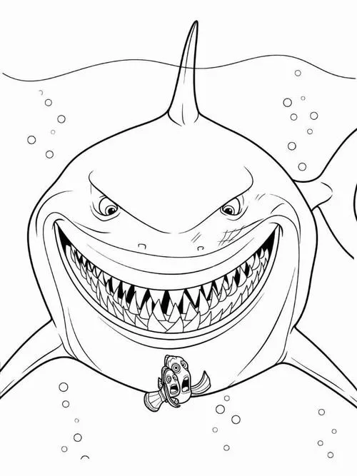Tranh tô màu gương mặt chú cá mập với cái miệng há to đầy mạnh mẽ đang nhìn thẳng về phía trước giữa không gian mênh mông