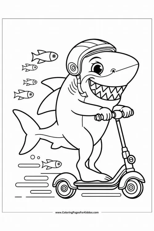 Chú cá mập đội mũ bảo hiểm và lướt đi trên chiếc xe trượt scooter giữa lòng đại dương bao la đầy kỳ thú dành cho bé 3 tuổi