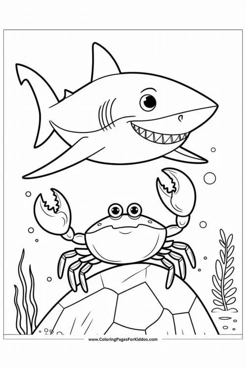 Trang tập tô màu cá mập nhỏ đang trò chuyện cùng người bạn cua trên một mỏm đá ngầm tạo nên khoảnh khắc ấm áp dưới lòng biển