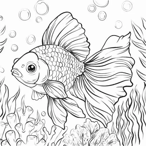 Hình vẽ chú cá ba đuôi với những lớp vảy óng ánh đang lướt đi nhẹ nhàng giữa làn nước đầy bong bóng và đám lá rộng