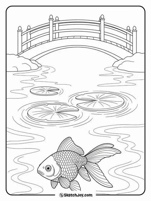 Chú cá vàng bơi lội thong dong dưới chân cây cầu đá cổ kính bên cạnh những lá sen bồng bềnh trong bể thủy sinh cho bé 5 tuổi