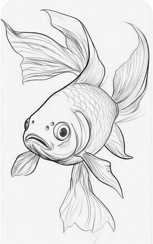 Tranh tô màu chú cá vàng đang lặn sâu xuống đáy nước làm nổi bật chiếc đuôi mềm như lụa đào giữa các nhành san hô xinh đẹp