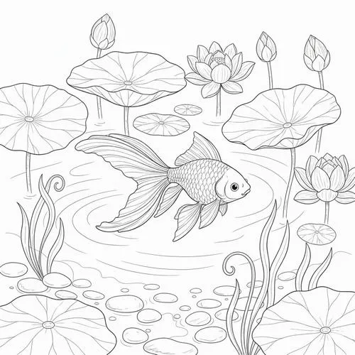 Bức phác thảo khung cảnh hồ sen thơ mộng nơi chú cá vàng đang len lỏi qua từng cuống hoa và chờ đợi thức ăn viên