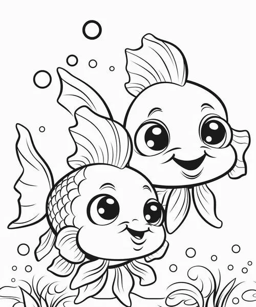 Cặp đôi cá vàng hoạt hình có biểu cảm cười tít mắt cực dễ thương đang vây quanh những cụm cỏ nước nhỏ bé và xinh xắn