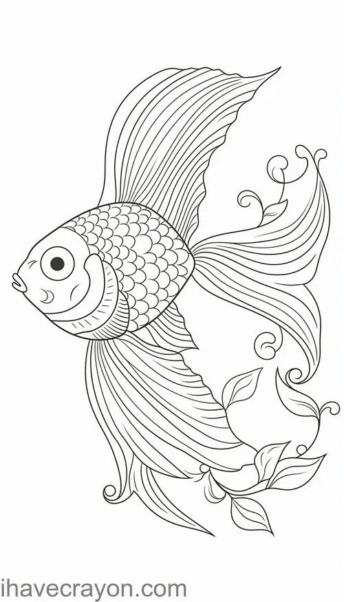 Nét vẽ thanh mảnh khắc họa một chú cá vàng kiểng có bộ đuôi lụa dài thướt tha đang uốn lượn mềm mại trong không gian trắng tinh khôi