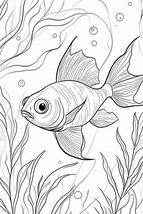 Tranh tô màu chú cá vàng nhỏ nhắn đang thong dong bơi lội giữa những nhành cỏ biển xanh mướt với chiếc vây lưng nhô cao khỏe khoắn