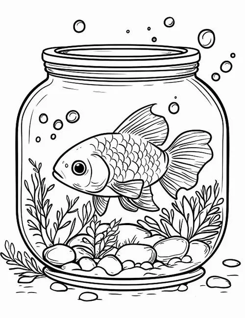 Bức họa phác thảo một chú cá tàu bụng tròn xoe đang trú ngụ trong chiếc hồ kính nhỏ xinh có trải sỏi trắng mịn màng bên dưới