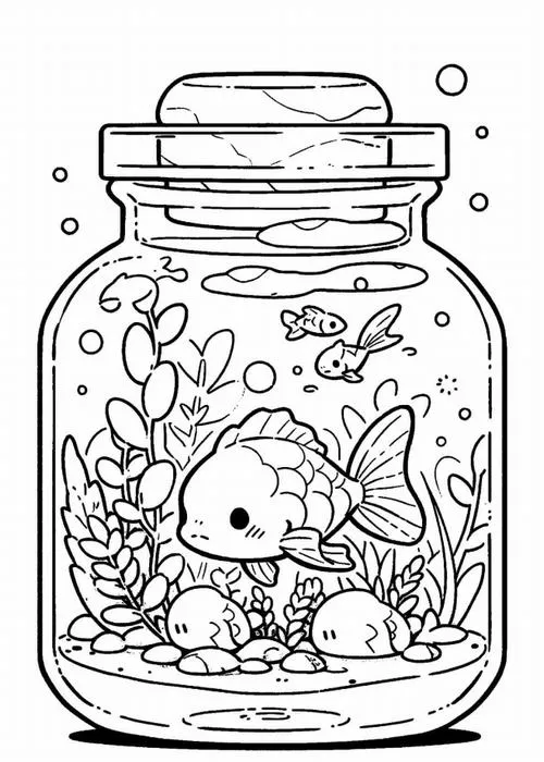 Tải hình tô màu chú cá vàng đang vui đùa cùng các hạt bọt khí tròn trịa bên trong chiếc hũ thủy tinh thắt nơ xinh xắn