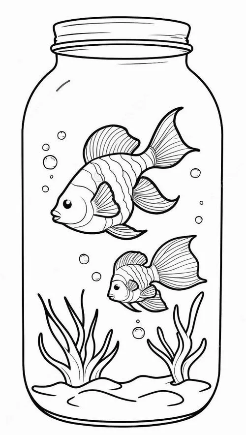 Hai chú cá vàng nhỏ cùng nhau bơi lội trong một chiếc bình cao có những nhành cây thủy sinh vươn dài xanh tốt cho trẻ 4 tuổi