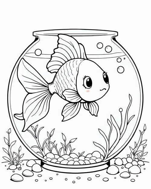 In trang tập tô màu chú cá vàng có đôi mắt tròn xoe ngây thơ đang bơi trong bể tròn đơn giản tạo cảm giác yên bình thư thái