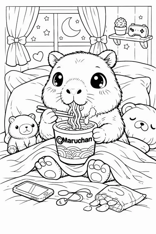 Tranh tô màu chú chuột lang nước ngồi bệt trên giường xì xụp ăn mì tôm giữa đêm khuya nhìn cực kỳ ấm cúng và mang nét hài hước.