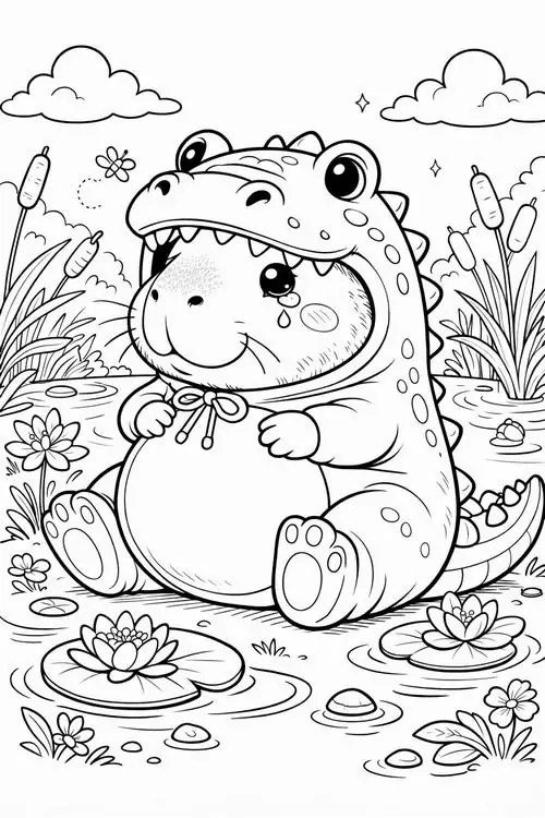 Nhân vật Capybara mặc bộ đồ khủng long xanh đứng tạo dáng ngộ nghĩnh với đôi mắt tròn xoe trong một khung cảnh thiên nhiên đậm phong cách anime.