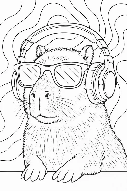 Chú chuột lang nước đeo tai nghe và kính râm cực ngầu thể hiện thần thái thư giãn hoàn hảo trên nền những đường sóng nhạc đầy không gian sáng tạo.