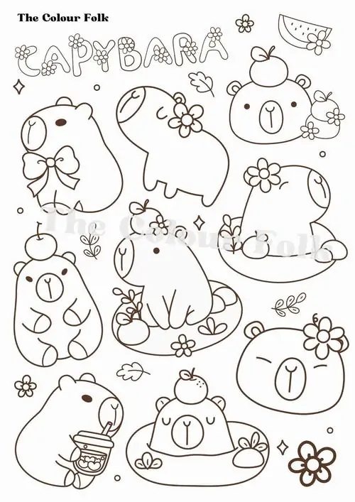 Hình ảnh nhiều chú chuột lang nhỏ đang tham gia các hoạt động vui chơi vui nhộn trên cùng một mặt giấy trắng mang đậm nét văn hóa Kawaii.