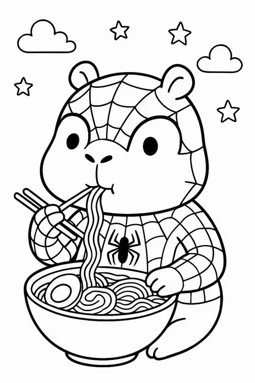 Chú chuột nước trong trang phục người nhện và ngồi ăn một bát mì nóng hổi cùng phụ kiện là quả cam vàng trên đầu cho trẻ 4 tuổi.