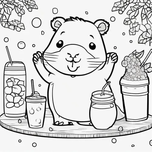 Chú chuột lang nước mập mạp đang mở tiệc với những ly nước ngọt và bánh trái xung quanh tạo nên bầu không khí lễ hội tràn đầy chữa lành tâm hồn.