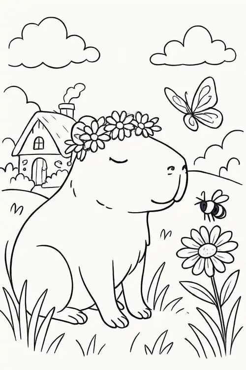 In trang tập tô màu hình ảnh chú chuột nước đội vòng hoa rực rỡ trên đầu đứng giữa đồng cỏ đầy hoa với nền giấy vẽ trắng tinh.