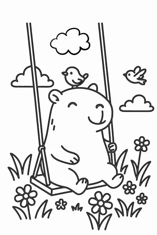 Em chuột nước đáng yêu ngồi đung đưa trên chiếc xích đu gỗ giữa vườn hoa nhỏ với nụ cười chúm chím và gương mặt lộ vẻ thỏa mãn.