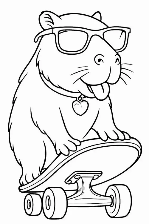 Hình vẽ chuột lang nước đeo kính đen trượt ván cực nghệ với thân hình tròn trịa và cái bụng phệ trông rất hóm hỉnh cho bé 5 tuổi.