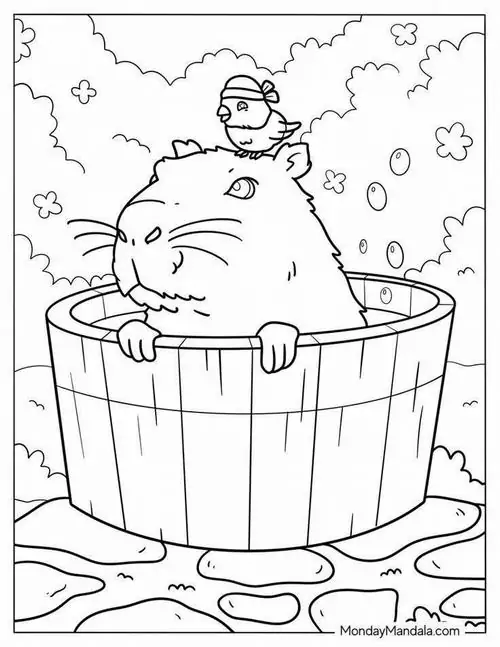 Tranh tô màu chú chuột nước ngâm mình trong bồn tắm gỗ với một chú chim nhỏ đậu trên đỉnh đầu trông rất ung dung và tự tại.