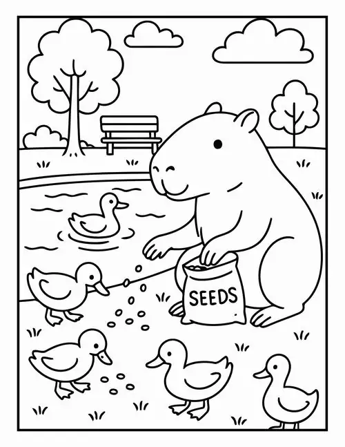 Cảnh tượng chú chuột lang to lớn đang cầm túi thức ăn cho đàn vịt nhỏ ở công viên với cái mũi tẹt to trông rất thân thiện.