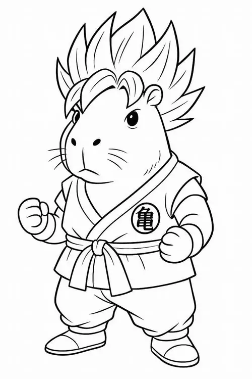 Một phiên bản chuột nước hóa thân thành siêu anh hùng tóc vàng dựng đứng mạnh mẽ trong bộ võ phục đang sẵn sàng chiến đấu cùng nét vẽ tối giản.