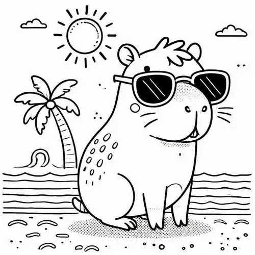 In trang tập tô màu chú chuột lang đeo kính râm nằm thư giãn bên gốc cây dừa trên bãi biển đầy cát trắng và dùng bút màu rực rỡ.