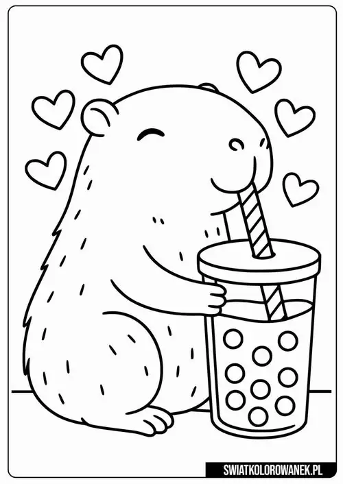 Hình vẽ chú chuột nước tròn vo đang cầm ly trà sữa trân châu lớn với những trái tim bay bổng xung quanh thể hiện một phụ kiện đặc trưng.