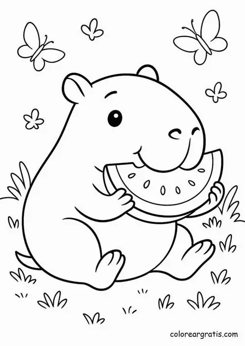 Hình ảnh bộ gặm nhấm khổng lồ ôm miếng dưa hấu lớn và ăn ngon lành giữa những bụi hoa cỏ rực rỡ trong một ngày hè nóng nực.