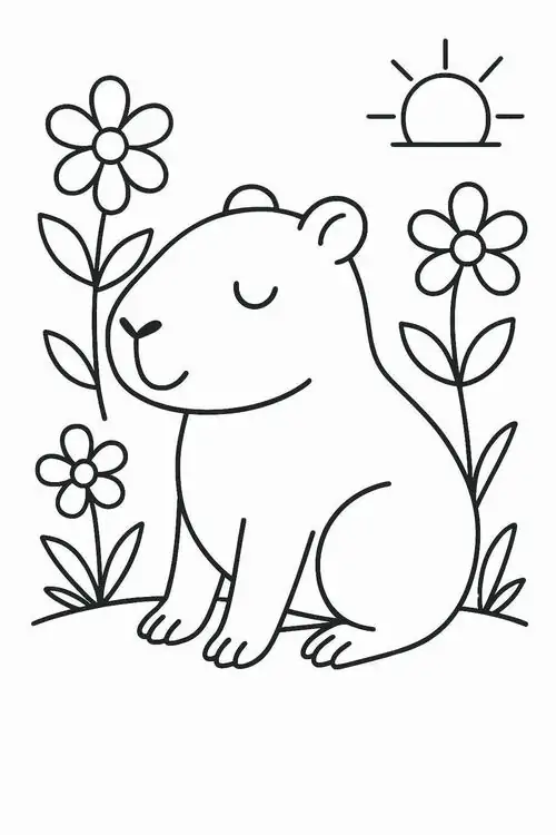 Hình vẽ chú chuột lang nước đứng giữa những khóm hoa hướng dương rực rỡ dưới ánh mặt trời tỏa sáng có đường nét mềm mại cực sinh động.