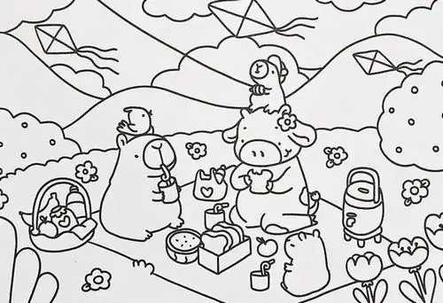 Mẫu tranh tô màu chú chuột lang nước với một chú ốc sên nhỏ đang bò chậm rãi trên lưng giữa khung cảnh thiên nhiên sinh động cho trẻ 6 tuổi.