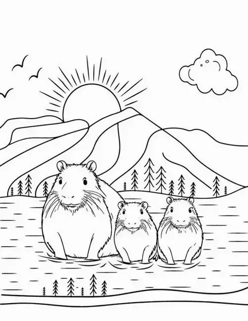 Ba chú chuột lang nước cùng nhau ngắm nhìn ông mặt trời đang lặn dần sau những dãy núi cao vút đầy thư thái bên sườn đồi.