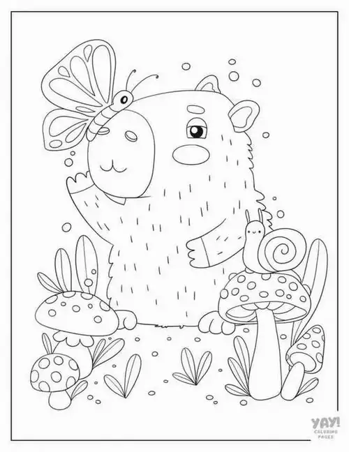 Tranh tô màu chú chuột lang nước mập mạp đang tò mò nhìn một chú bướm xinh đẹp đậu ngay trên chiếc mũi hếch của mình giữa cánh đồng hoa.