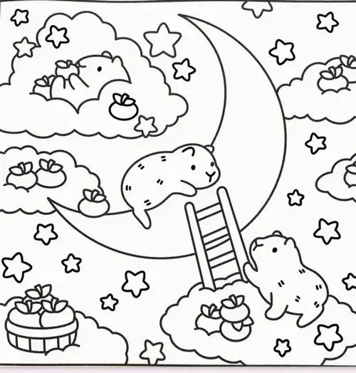 Chuột lang khổng lồ cùng người bạn sóc nhỏ đang ngồi sưởi ấm bên đống lửa trại bập bùng dưới bầu trời đêm có trăng khuyết lấp lánh.